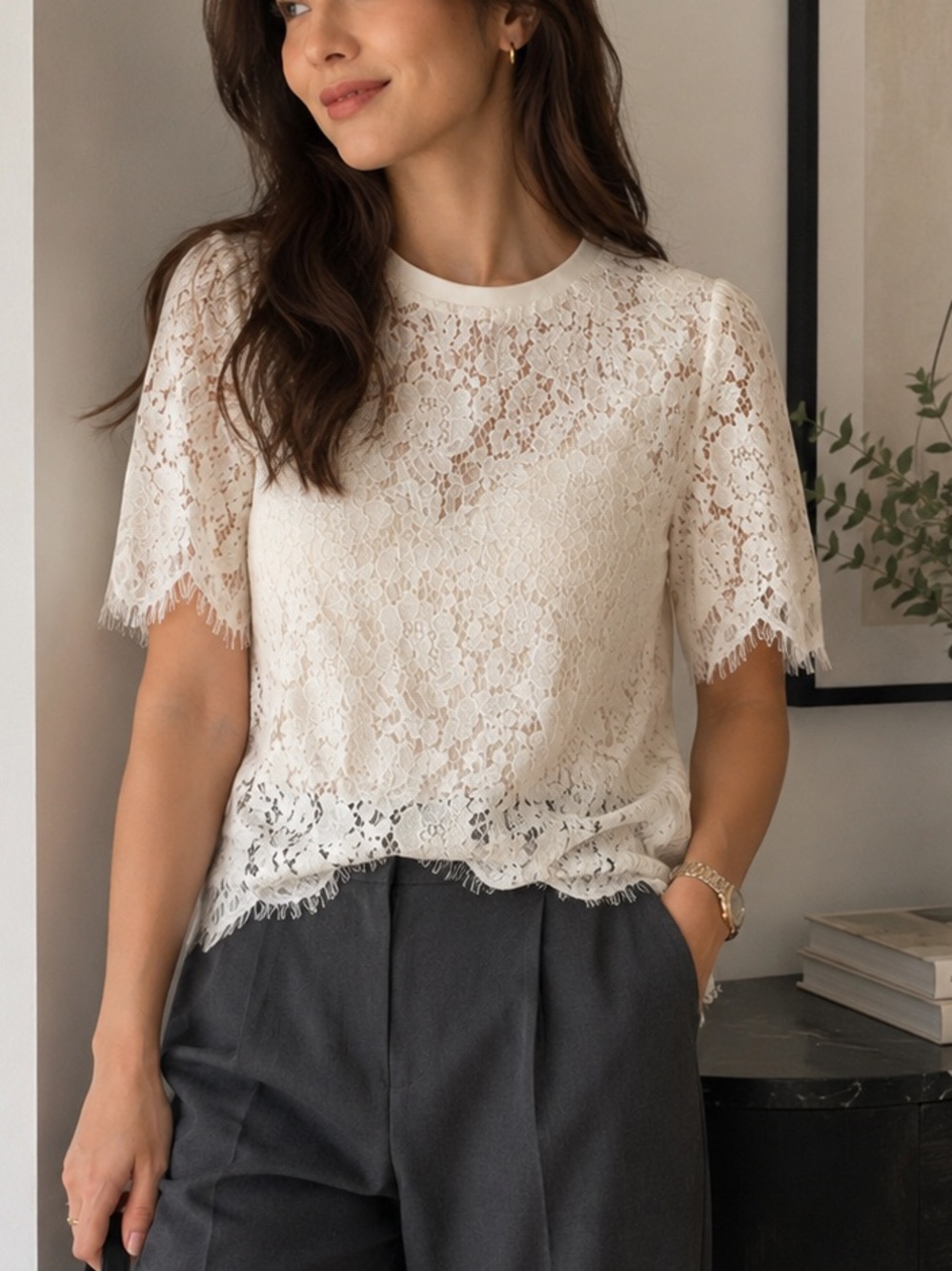 ZARA Off-White Lace Short Sleeve Top